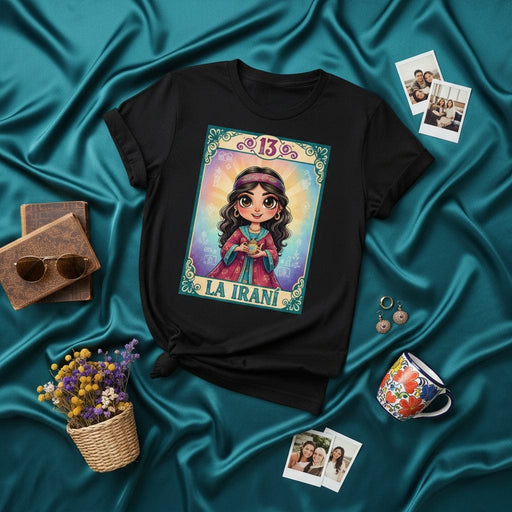 LA IRANÍ Loteria Card T-Shirt, Cute Persian Girl Graphic Tee, Number 13, Mystical Tarot Style Art, Unisex Black Shirt Gift Mexicada