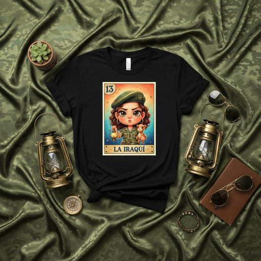 LA IRAQUÍ Loteria Card Style T-Shirt - Cute Iraqi Girl Soldier Design, Number 13, Vintage Style Art Print Unisex Tee, Military Green Background, Unique Latinx Game Inspired Apparel Gift Mexicada