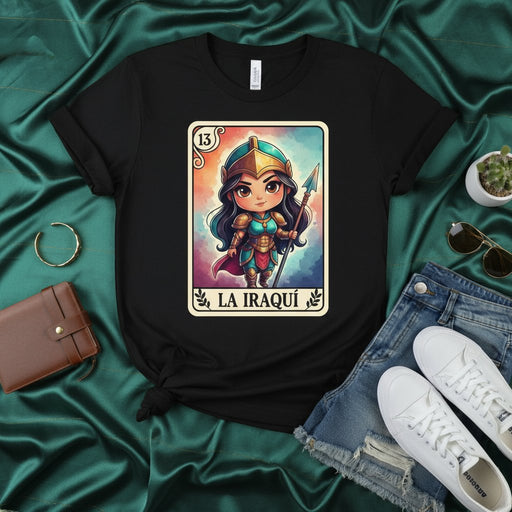 LA IRAQUÍ Loteria Card T-Shirt, Chibi Warrior Woman with Spear Graphic Tee, Number 13 Mexican Bingo Game Design, Unisex Novelty Clothing Gift Mexicada
