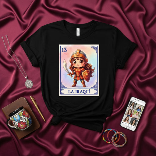 LA IRAQUÍ Loteria Card T-Shirt, Chibi Warrior Woman with Sword and Shield Graphic Tee, Mexican Bingo Game Inspired Unisex Shirt, Number 13 Design Mexicada