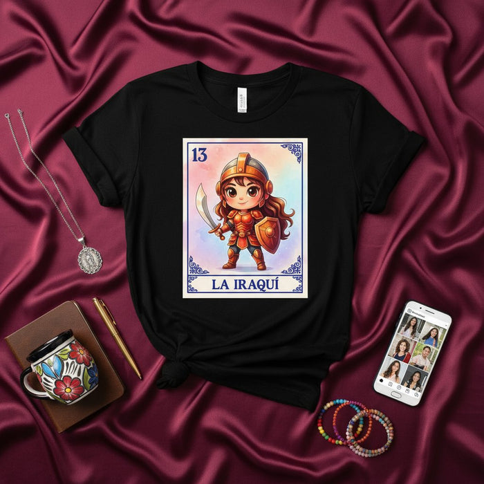 LA IRAQUÍ Loteria Card T-Shirt, Chibi Warrior Woman with Sword and Shield Graphic Tee, Mexican Bingo Game Inspired Unisex Shirt, Number 13 Design Mexicada