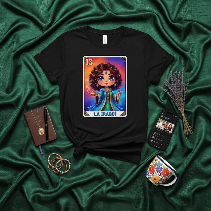 LA IRAQUÍ Loteria Card T-Shirt, Cute Iraqi Woman Character, Number 13, Mystical Tarot Style Art, Unisex Short Sleeve Tee, Cultural Gift Idea Mexicada