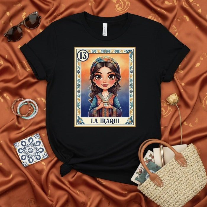 LA IRAQUÍ Loteria Card Unisex T-Shirt, Cute Arab Woman Design, Traditional Mexican Bingo Game Apparel, Unique Graphic Tee Gift Mexicada