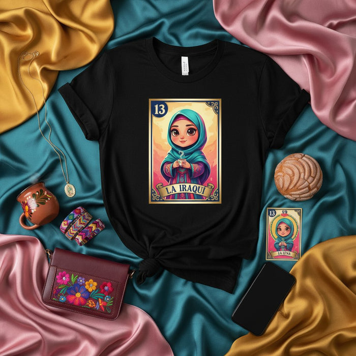 LA IRAQUÍ Loteria Card Unisex T-Shirt, Cute Iraqi Woman Hijab Design Tee, Muslim Arabic Culture Shirt, Kawaii Style Graphic Top, Number 13 La Luna Inspired Art Mexicada
