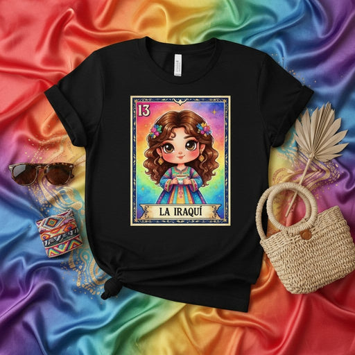 LA IRAQUÍ Mexican Loteria Card Style T-Shirt - Cute Cartoon Girl on Card 13, Vibrant Rainbow Design, Unisex Graphic Tee Gift for Iraqi Heritage & Culture Mexicada