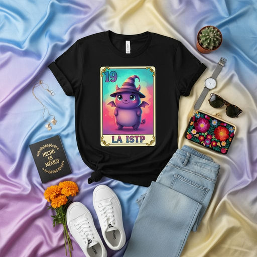 LA ISTP Cute Purple Dragon Witch Lotería Card T-Shirt | Number 19 Mystic Creature Fantasy Graphic Tee | MBTI Personality Type Shirt | Unique Mexican Bingo Inspired Game Merch Gift Mexicada