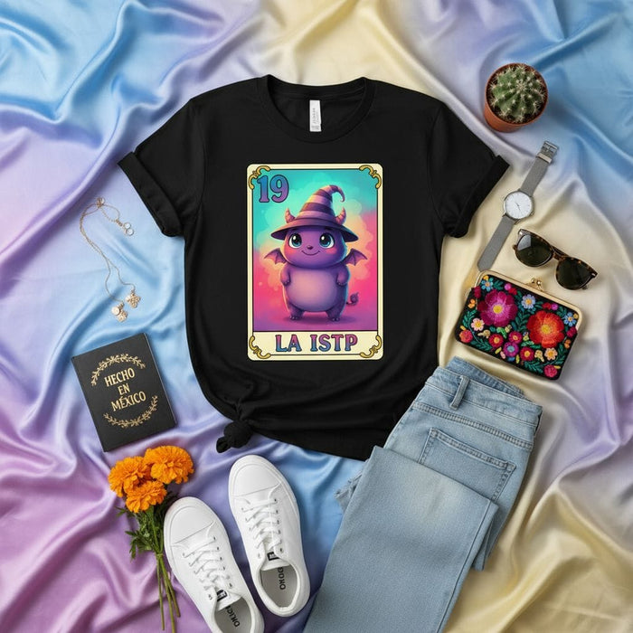 LA ISTP Cute Purple Dragon Witch Lotería Card T-Shirt | Number 19 Mystic Creature Fantasy Graphic Tee | MBTI Personality Type Shirt | Unique Mexican Bingo Inspired Game Merch Gift Mexicada