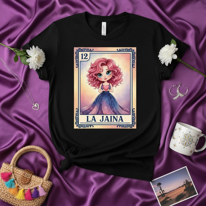 LA JAINA Cute Cartoon Girl with Pink Hair Mexican Loteria Card Number 12 Graphic Unisex T-Shirt Mexicada