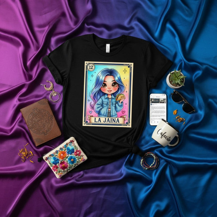 LA JAINA Cute Kawaii Anime Girl Taco Loteria Card T-Shirt, Mexican Bingo Game Style Graphic Tee, Unisex Funny Latinx Chicana Pop Culture Shirt Gift Idea Mexicada