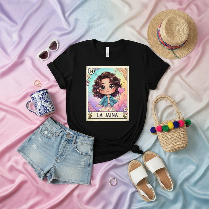 La Jaina Cute Kawaii Chibi Girl Loteria Card T-Shirt, Mexican Bingo Game Style Graphic Tee, Unisex Funny Latinx Culture Shirt, Vintage Aesthetic Gift for Her, Number 14 Design Mexicada