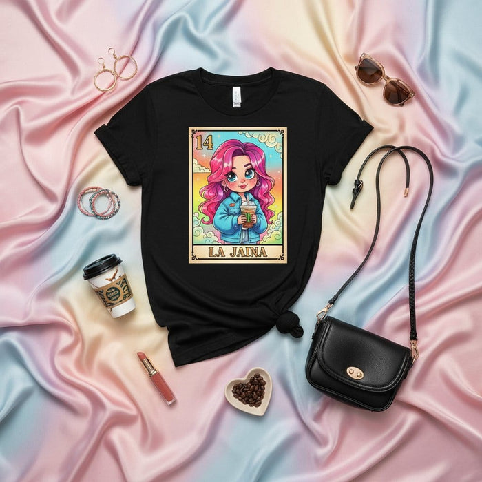 LA JAINA Cute La Lotería Card 14 T-Shirt, Chibi Anime Girl Pink Hair Iced Coffee Tee, Modern Mexican Bingo Game Inspired Unisex Graphic Shirt Gift Mexicada