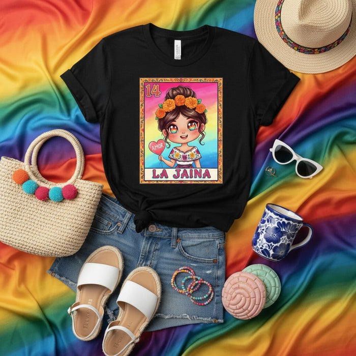 La Jaina Cute Mexican Loteria Card Graphic Tee Shirt for Women Men Kids, Amor, LGBTQ Pride Rainbow Background, Hispanic Heritage Gift Idea Mexicada