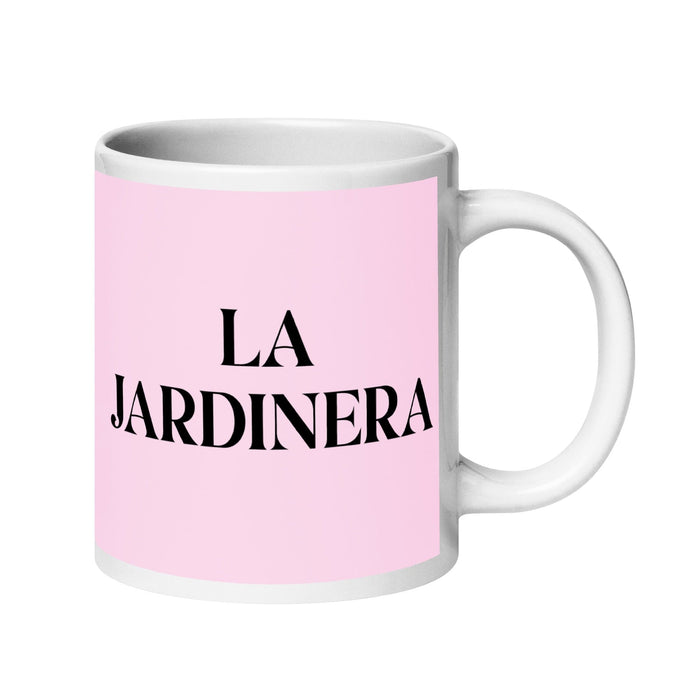 La Jardinera The Gardener Funny Home Office Work Coffee Mug Mexican Spanish Pride Gift White Glossy Cup Light Pink Card Mug Mexicada 20 oz