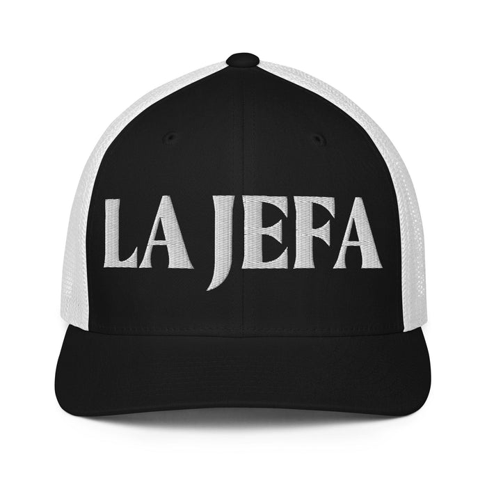 La Jefa The Boss Embroidered Closed-Back Trucker Cap | Empowerment, Leadership, Bold Fashion | J15 Mexicada Black/White