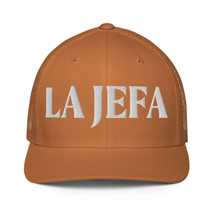 La Jefa The Boss Embroidered Closed-Back Trucker Cap | Empowerment, Leadership, Bold Fashion | J15 Mexicada Caramel