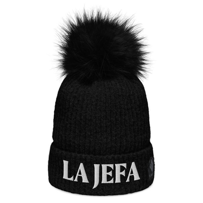 La Jefa The Boss Embroidered Columbia Pom-Pom Beanie Hat | Bold Leadership | J15 Mexicada Black