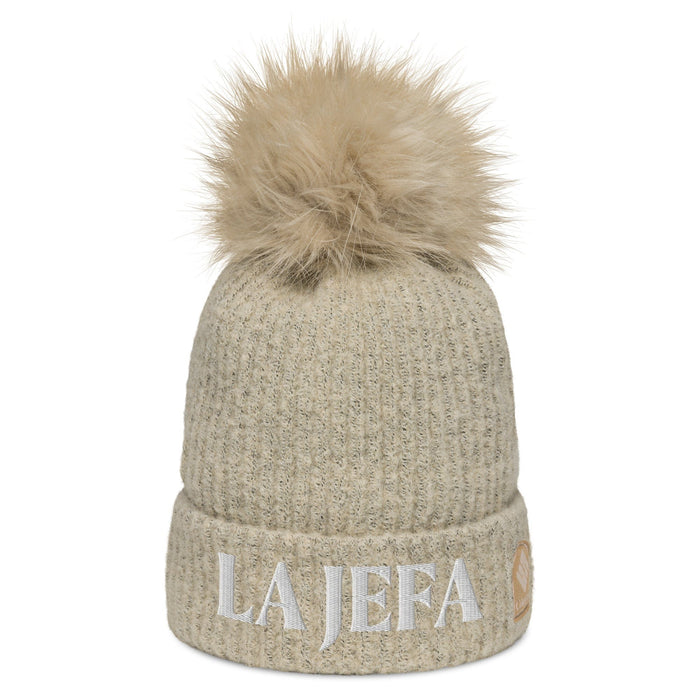 La Jefa The Boss Embroidered Columbia Pom-Pom Beanie Hat | Bold Leadership | J15 Mexicada Chalk