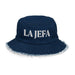 La Jefa The Boss Embroidered Distressed Denim Bucket Hat – Latina Jefa Style Statement | J15 Mexicada Classic Denim