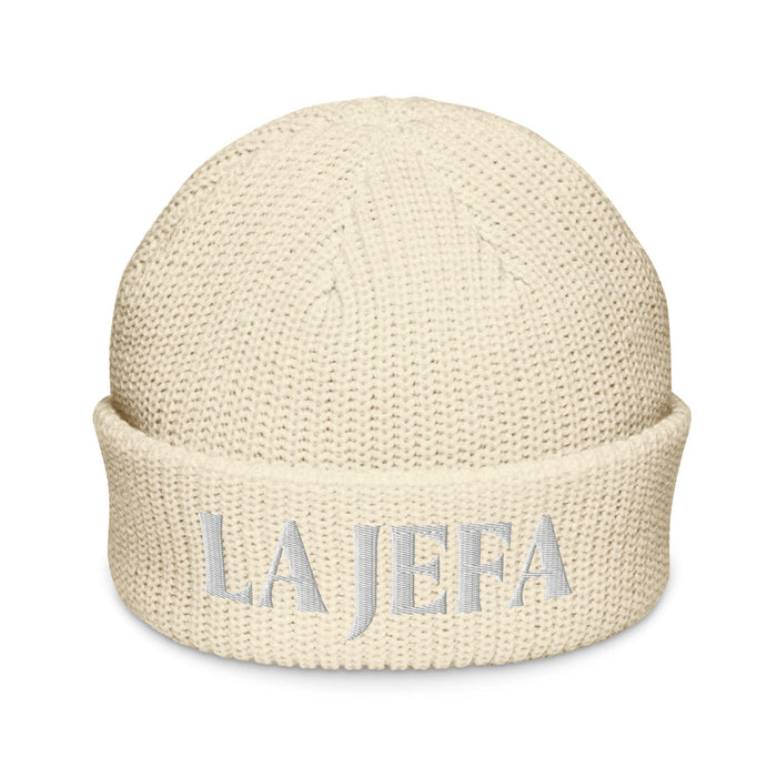 La Jefa The Boss Embroidered Fisherman Beanie – Latina Power Streetwear Statement Hat | J15 Mexicada Ecru