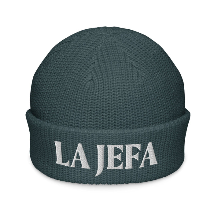 La Jefa The Boss Embroidered Fisherman Beanie – Latina Power Streetwear Statement Hat | J15 Mexicada Petrol Blue
