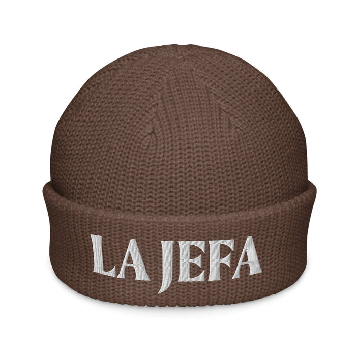 La Jefa The Boss Embroidered Fisherman Beanie – Latina Power Streetwear Statement Hat | J15 Mexicada Walnut