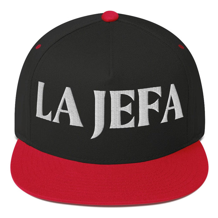 La Jefa The Boss Embroidered Flat Bill Cap | Empowerment, Bold Streetwear, Leadership Vibes | J15 Mexicada Black/ Red