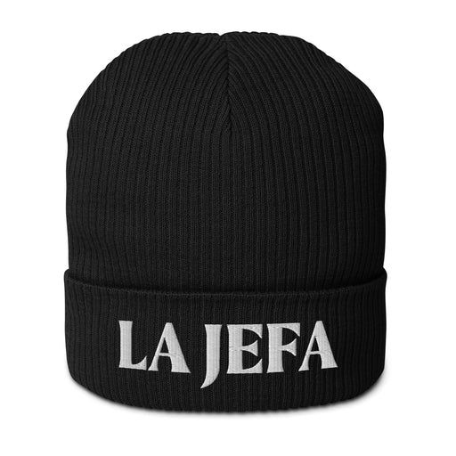 La Jefa The Boss Embroidered Organic Ribbed Beanie Hat | Stylish & Bold | J15 Mexicada Black