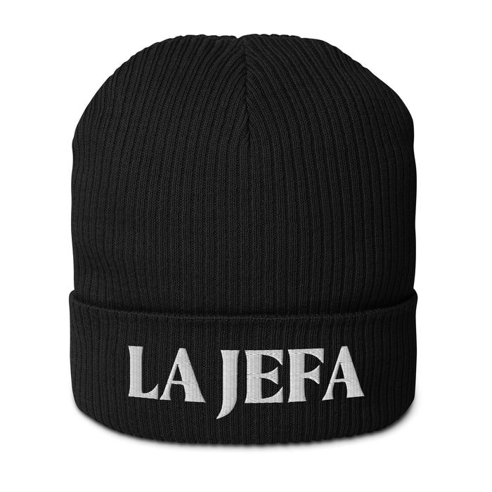 La Jefa The Boss Embroidered Organic Ribbed Beanie Hat | Stylish & Bold | J15 Mexicada Black