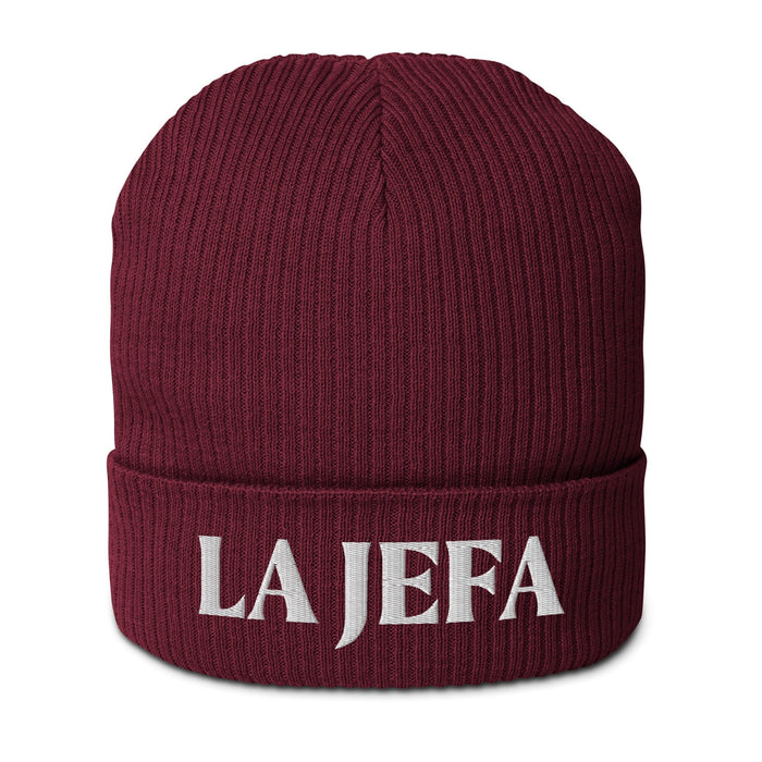 La Jefa The Boss Embroidered Organic Ribbed Beanie Hat | Stylish & Bold | J15 Mexicada Burgundy