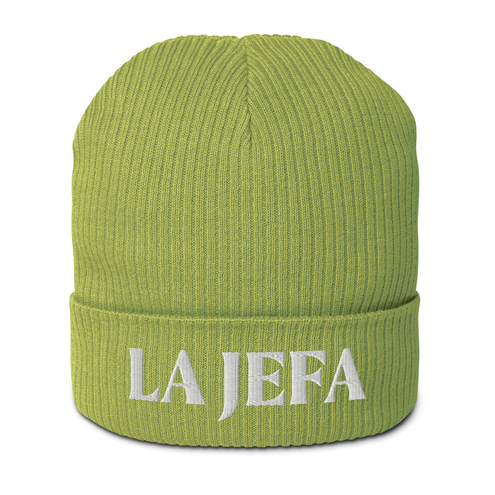 La Jefa The Boss Embroidered Organic Ribbed Beanie Hat | Stylish & Bold | J15 Mexicada Leaf Green