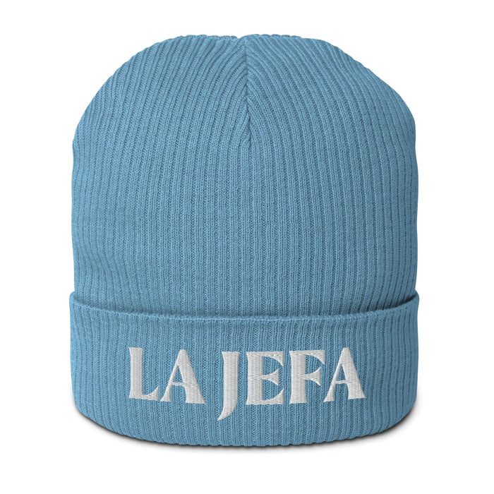 La Jefa The Boss Embroidered Organic Ribbed Beanie Hat | Stylish & Bold | J15 Mexicada Light Avio Blue