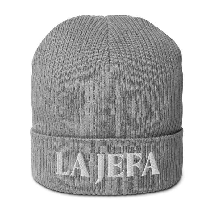 La Jefa The Boss Embroidered Organic Ribbed Beanie Hat | Stylish & Bold | J15 Mexicada Light Grey