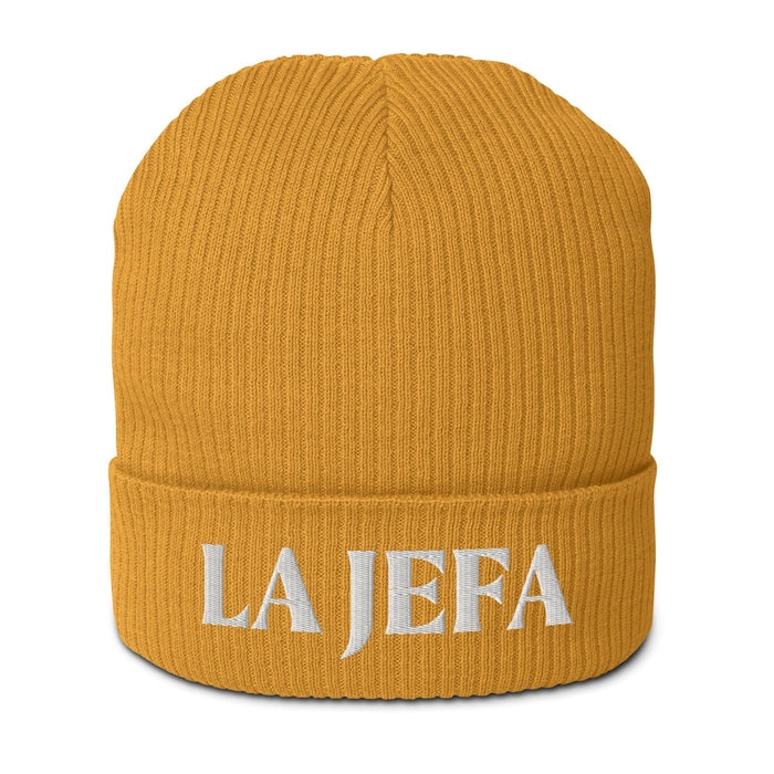 La Jefa The Boss Embroidered Organic Ribbed Beanie Hat | Stylish & Bold | J15 Mexicada Mustard Yellow