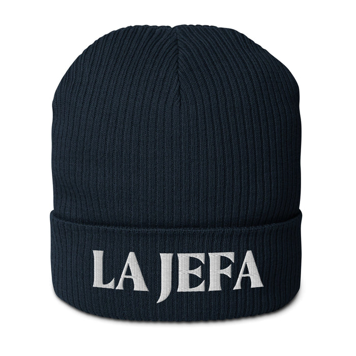 La Jefa The Boss Embroidered Organic Ribbed Beanie Hat | Stylish & Bold | J15 Mexicada Oxford Navy