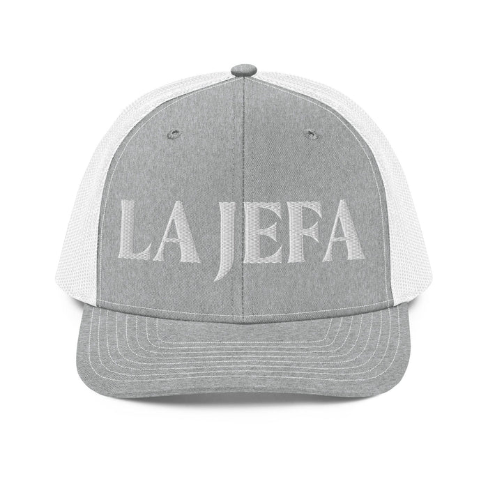 La Jefa The Boss Embroidered Snapback Trucker Cap | Leadership, Empowerment, Bold Style | J15 Mexicada Heather Grey/White
