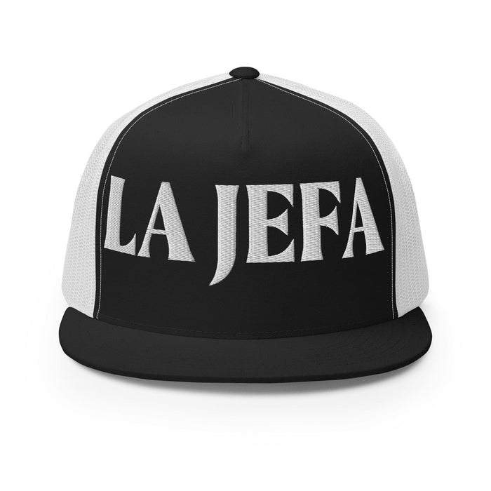 La Jefa The Boss Mexican Spanish Pride Gift Regalo Embroidered Trucker Cap | J15 Mexicada Black/ White