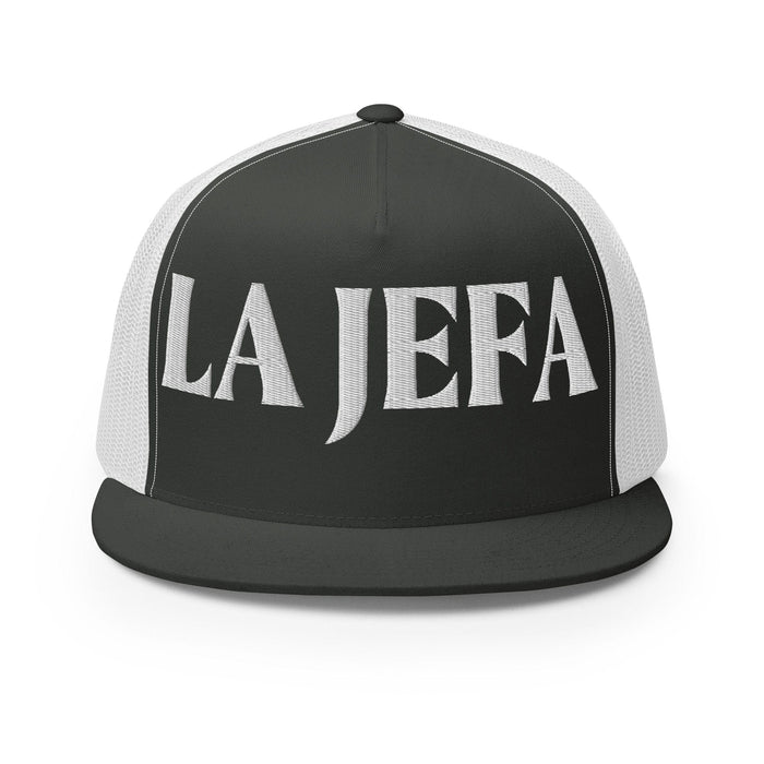 La Jefa The Boss Mexican Spanish Pride Gift Regalo Embroidered Trucker Cap | J15 Mexicada Charcoal/ White