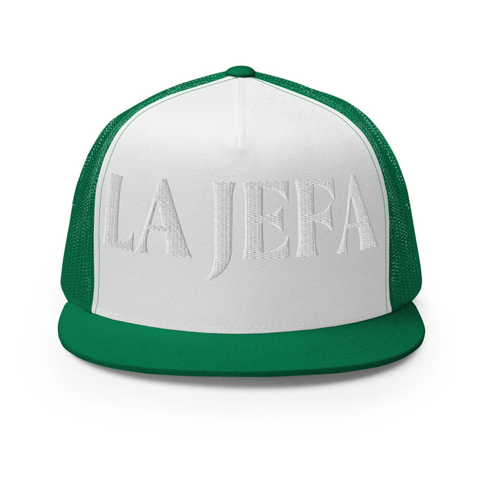 La Jefa The Boss Mexican Spanish Pride Gift Regalo Embroidered Trucker Cap | J15 Mexicada Kelly/ White/ Kelly