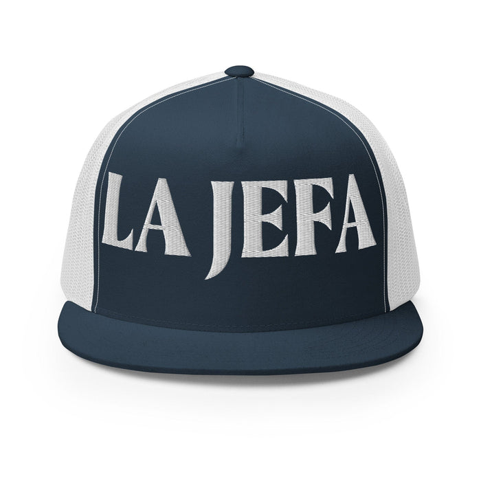 La Jefa The Boss Mexican Spanish Pride Gift Regalo Embroidered Trucker Cap | J15 Mexicada Navy/ White