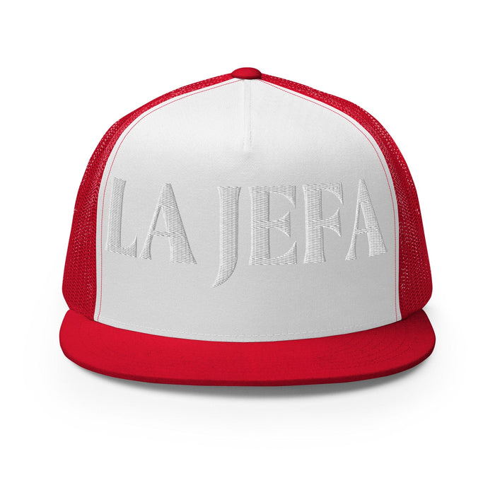 La Jefa The Boss Mexican Spanish Pride Gift Regalo Embroidered Trucker Cap | J15 Mexicada Red/ White/ Red