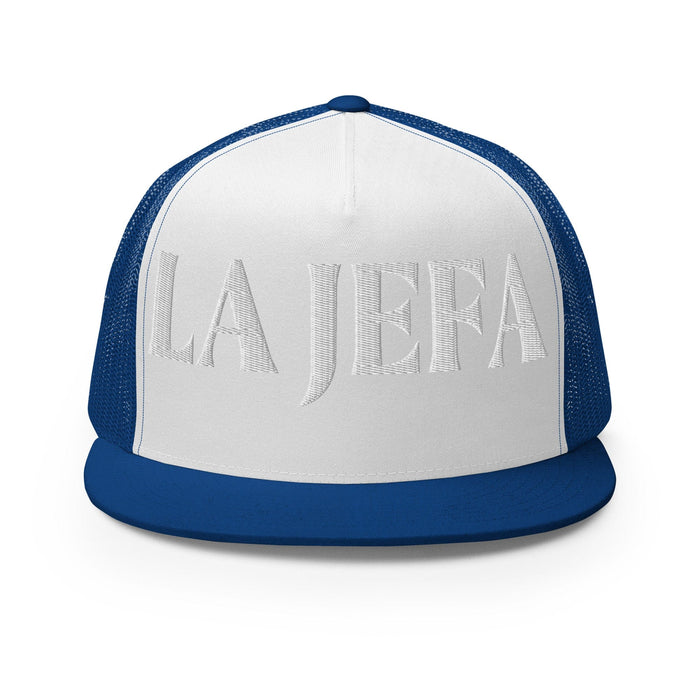 La Jefa The Boss Mexican Spanish Pride Gift Regalo Embroidered Trucker Cap | J15 Mexicada Royal/ White/ Royal