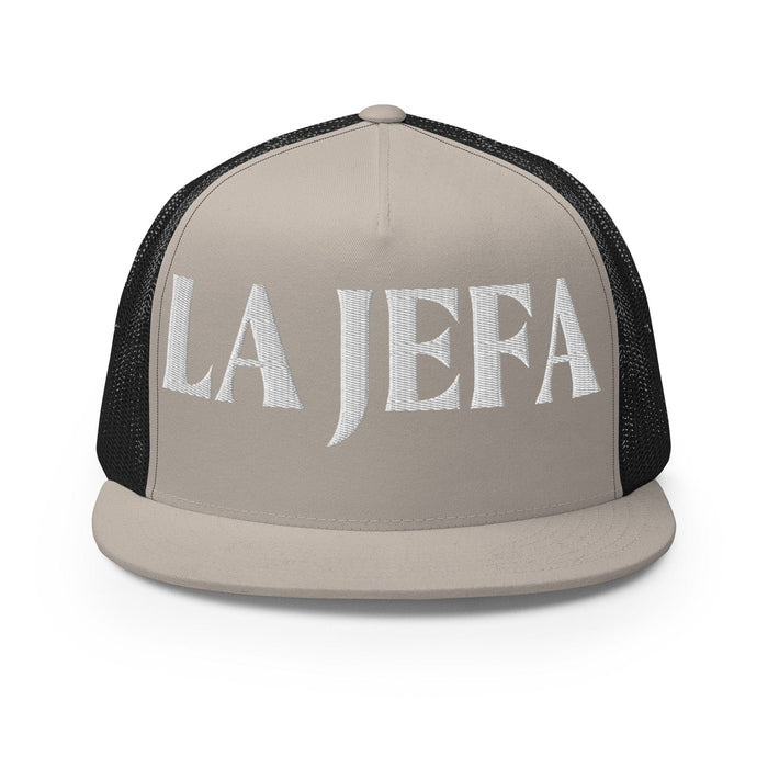 La Jefa The Boss Mexican Spanish Pride Gift Regalo Embroidered Trucker Cap | J15 Mexicada Silver/ Black