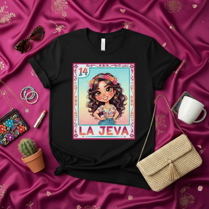 LA JEVA Latina Loteria Card T-Shirt, Cute Boho Floral Crown Graphic Tee, Unique Mexican Bingo Game Shirt, Number 14 Mexicada