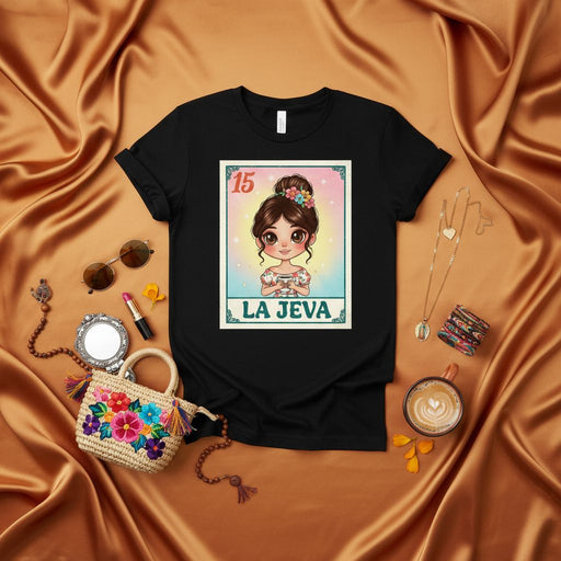 LA JEVA Loteria Card T-Shirt, Cute Cartoon Girl with Floral Crown, Hispanic Heritage Gift, Funny Mexican Bingo Game Design Unisex Tee Shirt Mexicada