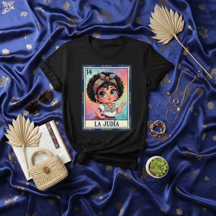 LA JUDÍA 14 Mexican Loteria Card Graphic Tee, Cute Curly Hair Girl Illustration T-Shirt, Hispanic Heritage Traditional Game Shirt, Gift for Her Mexicada