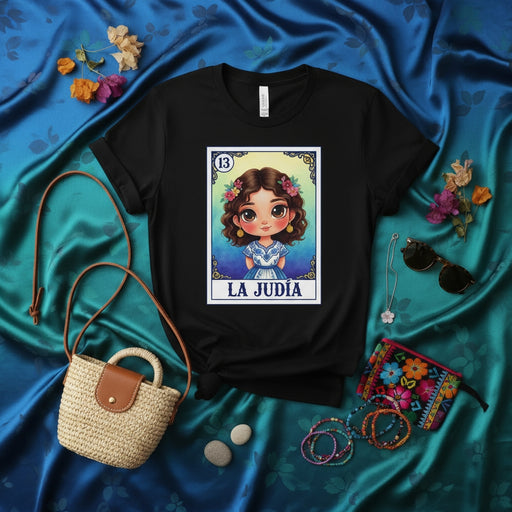 LA JUDÍA Cute Chibi Girl Loteria Card T-Shirt, Mexican Bingo Game Inspired Graphic Tee, Number 13 La Dama Style Character Shirt, Unisex Cultural Gift Top, Aesthetic Folk Art Design Apparel Mexicada