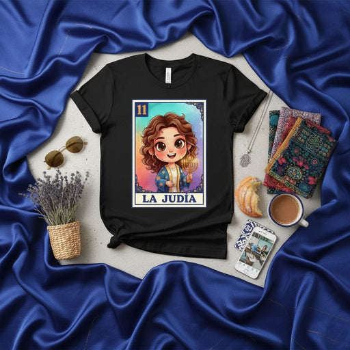 LA JUDIA La Lotería Card 11 Cute Cartoon Girl with Menorah Jewish Pride T-Shirt Unisex Black Tee Gift Mexicada