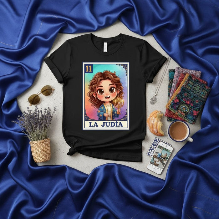 LA JUDIA La Lotería Card 11 Cute Cartoon Girl with Menorah Jewish Pride T-Shirt Unisex Black Tee Gift Mexicada