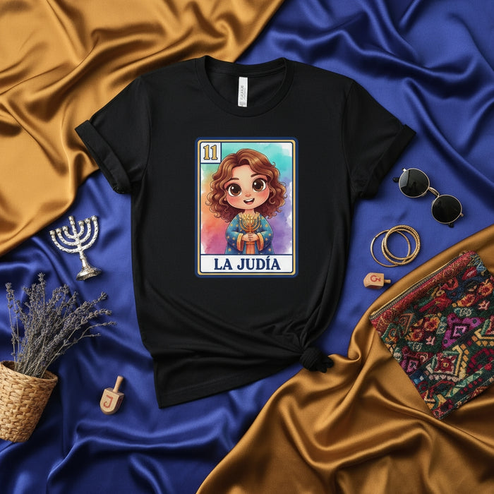 LA JUDÍA La Lotería Card 11 Cute Jewish Girl Holding Menorah Graphic T-Shirt Unisex Black Hanukkah Gift Tee Shirt for Women Men Mexicada