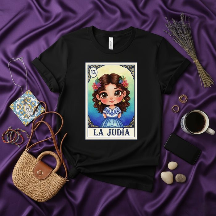 LA JUDÍA La Lotería Card 13 T-Shirt, Cute Chibi Girl with Flowers Mexican Bingo Game Design, Unisex Graphic Tee, Latina Culture Gift Idea Mexicada